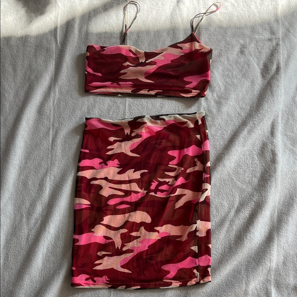 Pink Camouflage Crop Top and Skirt Set